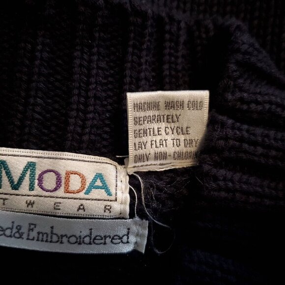 Le Moda 90s Embroidered Cotton Sweater L Navy Blue Green Leaves Acorns Autumn - Picture 4 of 5